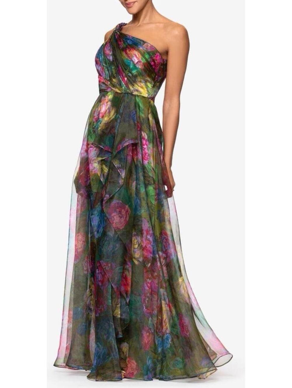 New Xscape Evenings One-Shoulder Floral Organza Gown In Green/ Multi Sz 8 $298 - Picture 2 of 13